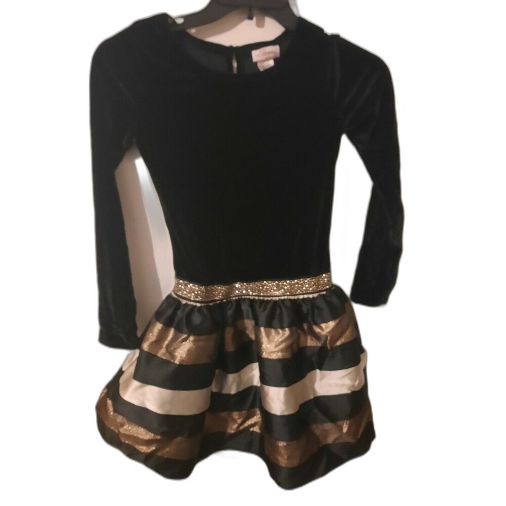 Blooms Girls Size 14 Black Velvet Dress – Metallic Stripe – Holiday Party Look